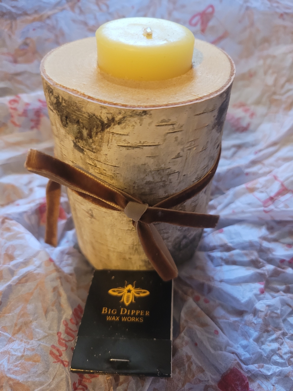Big Dipper Handmade Yellow Beeswax Candle in Rustic Birch Holder Giftable 4 Xmas